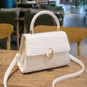 White Croc-Texture Top Handle Satchel Bag - Elegant Everyday Style